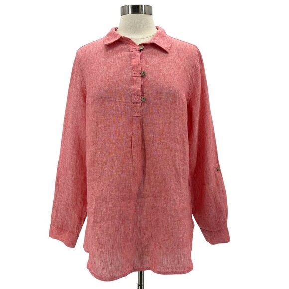 Sigrid Olsen Linen PInk Red Long Sleeve Button Shirt Top Womens Large - Picture 1 of 6